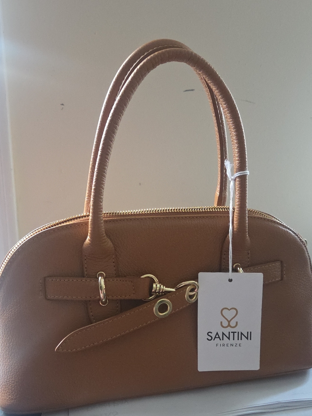 Santini Firenze Tan Leather Satchel with Gold-Tone Hardware